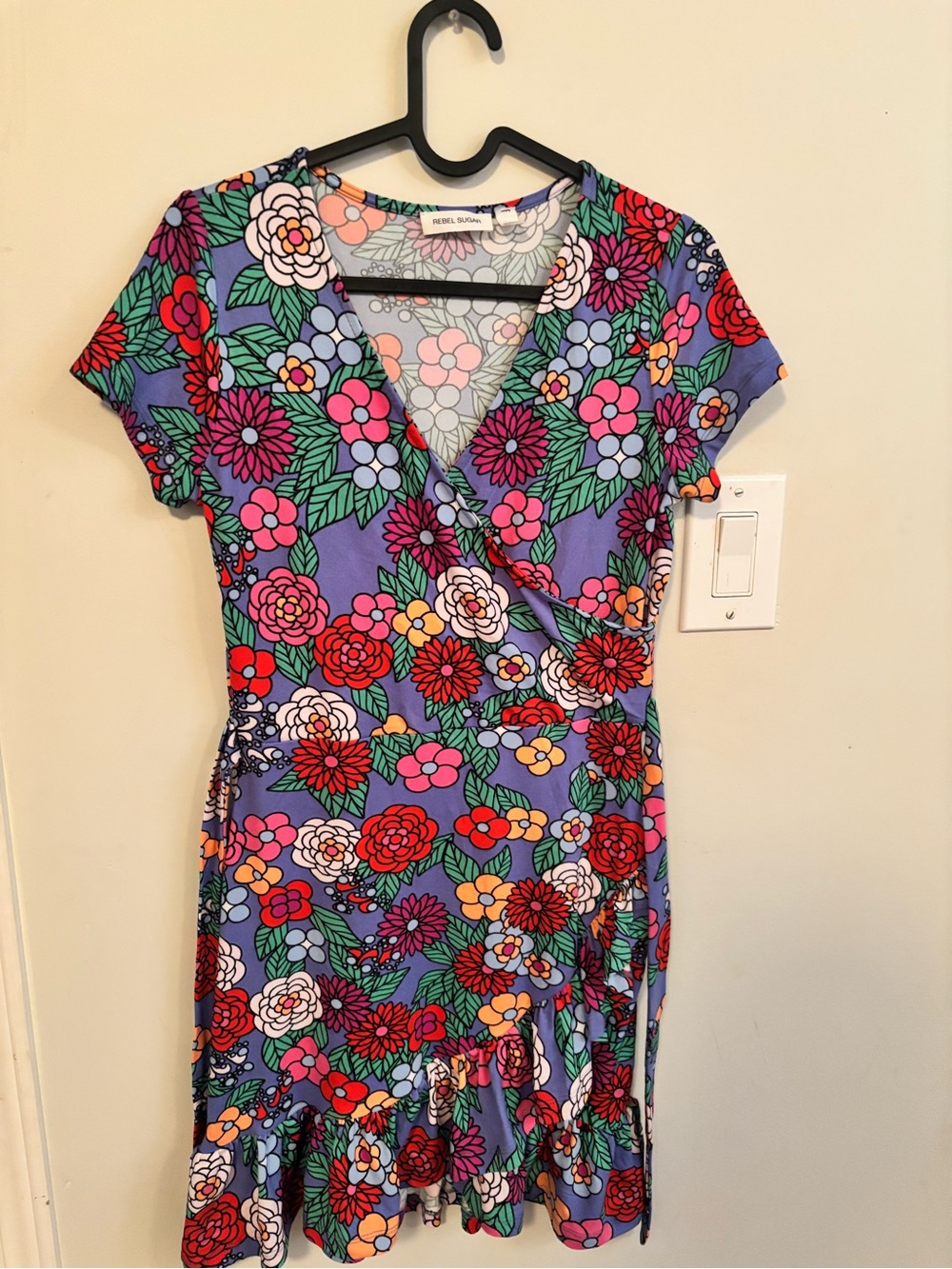 Rebel Sugar Purple Floral Wrap Midi Dress with Red and Pink Blooms